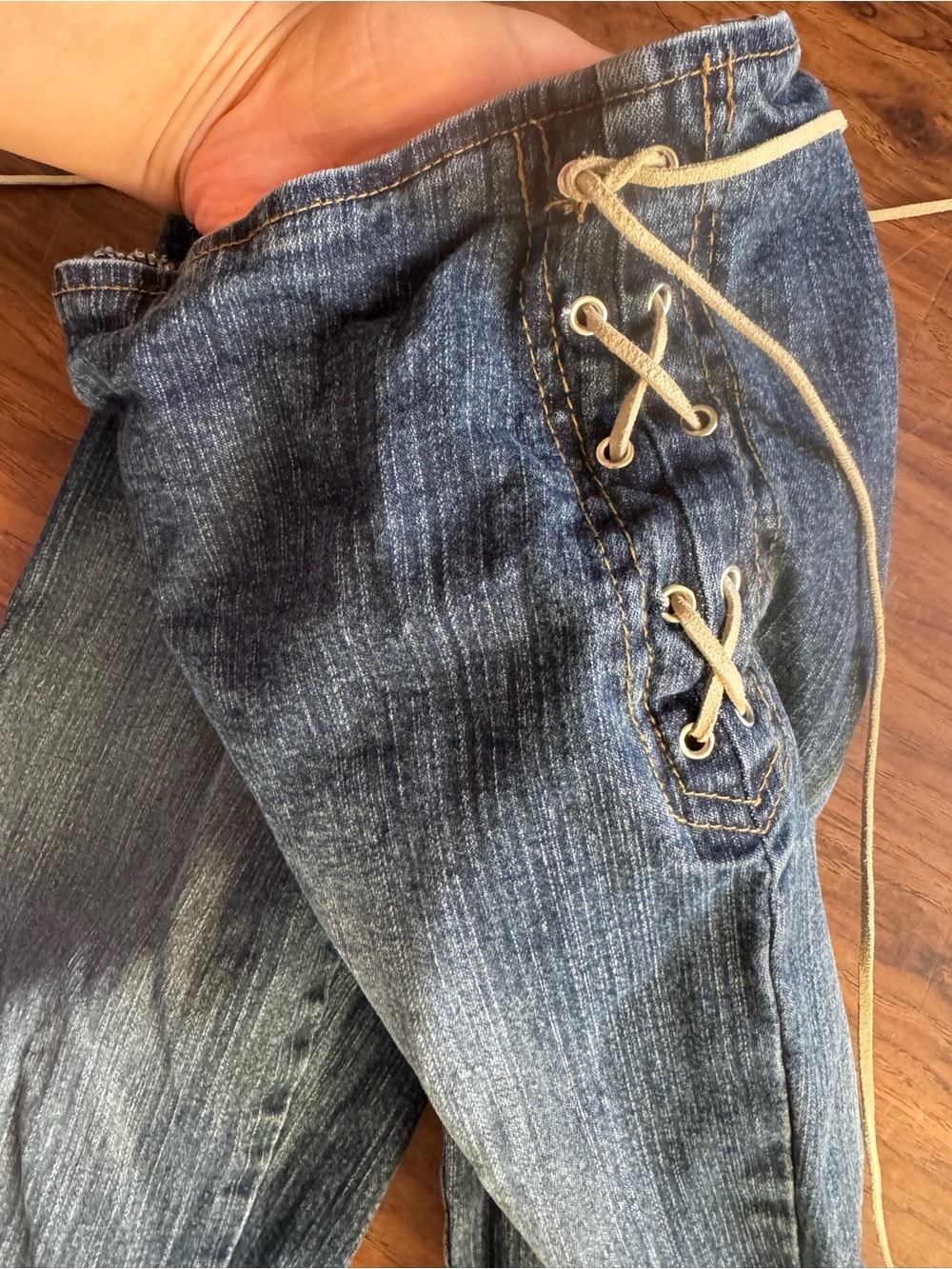Forever 21 Blue Denim Boyfriend Jeans with Lace-Up Detail